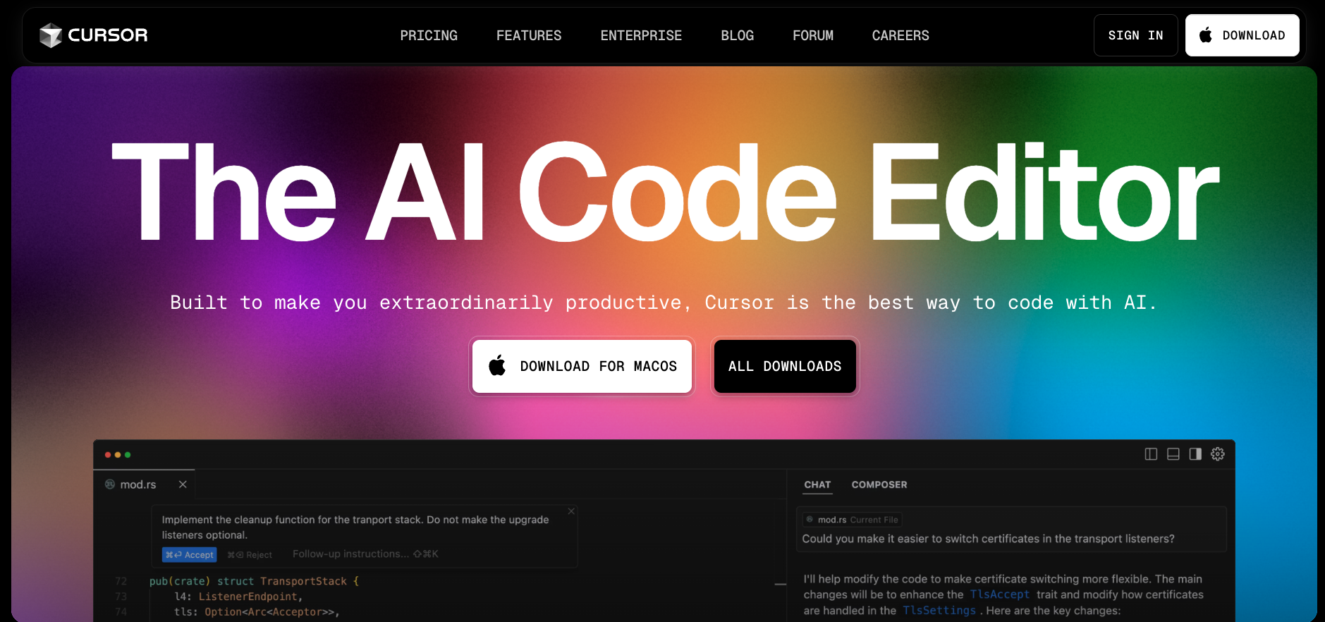 Cursor IDE official website homepage showing download options and main features for R programming