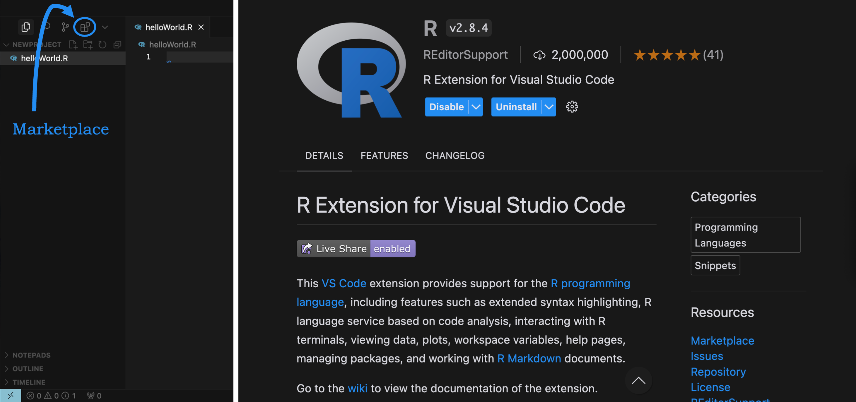 Cursor IDE Marketplace showing R language extension details and installation options